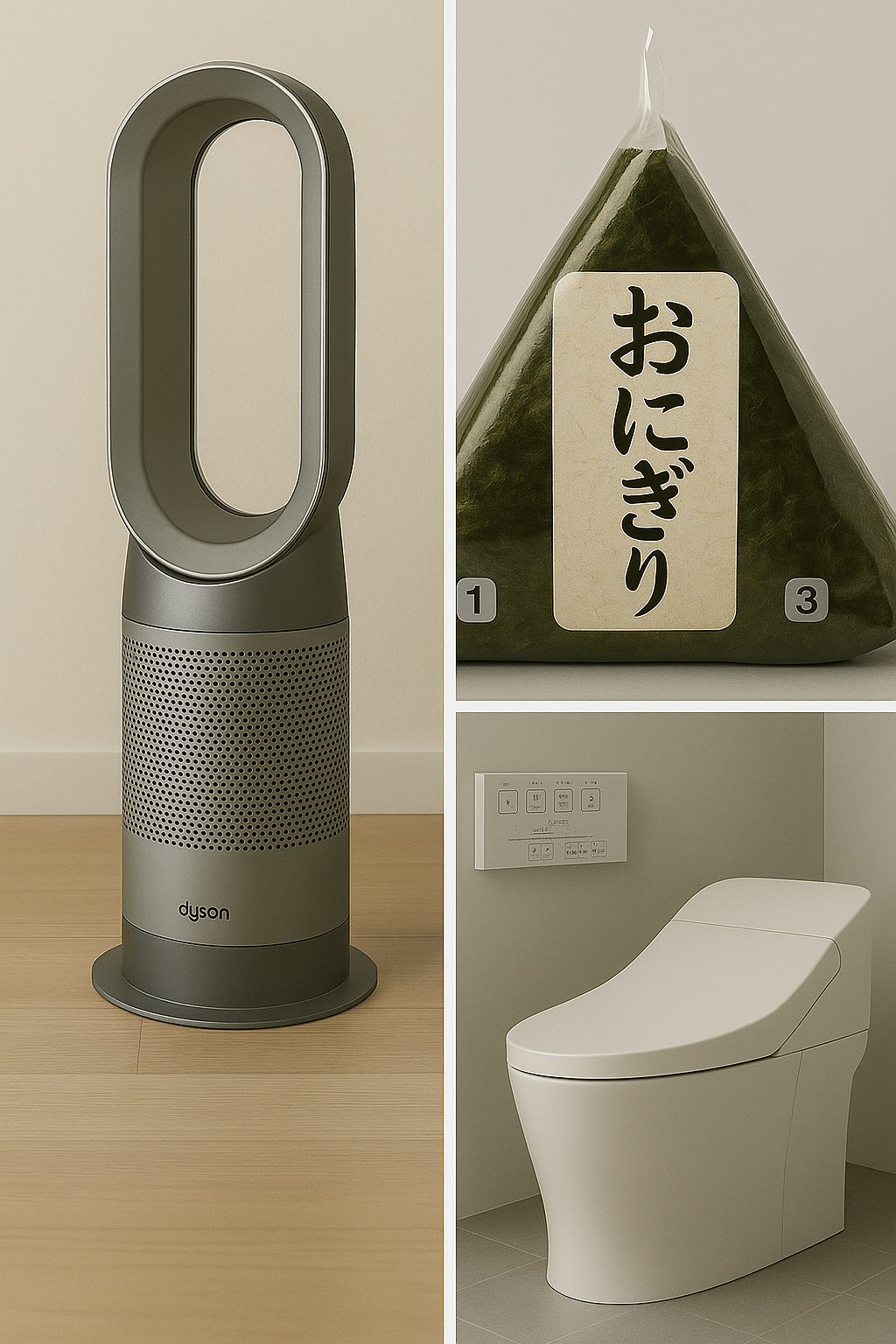 A collage of a Dyson Fan, a Japanese toilet, and Japanese packaging.